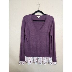 LOFT Sweater Purple Women S Mixed Media Floral Ruffle Hem V-Neck Long Sleeve